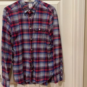 Long Sleeve Button Down Blue Red and Grey Plaid Shirt